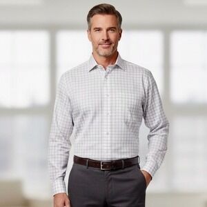 Jos A Bank Traveler Dress Shirt Men 18.5 36 White Purple Plaid Long Sleeves Work